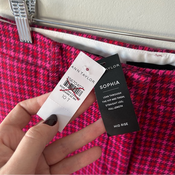 ANN TAYLOR Sophia Straight Pant In Pink Houndstooth Size 10 Tall NWT - Picture 5 of 6